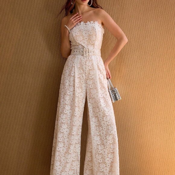 White Casual Women's Lace Fold Pleated Buckle Belted Strapless Jumpsuit - Picture 5 of 6